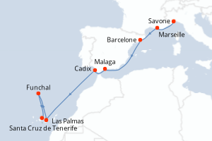 Carte itinéraire croisière - 11 jours au départ de Savone - Iles Canaries
