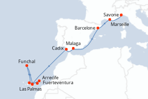 Carte itinéraire croisière - 14 jours au départ de Savone - Iles Canaries
