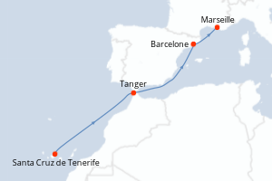 Carte itinéraire croisière - 5 jours au départ de Santa Cruz de Tenerife - Méditerranée