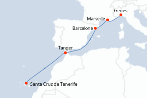 Carte itinéraire croisière - 6 jours au départ de Santa Cruz de Tenerife - Méditerranée