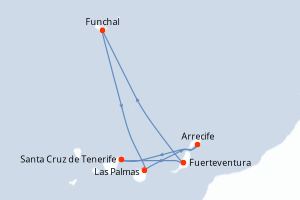 Carte itinéraire croisière - 7 jours au départ de Santa Cruz de Tenerife - Iles Canaries