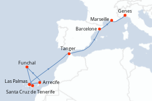Carte itinéraire croisière - 11 jours au départ de Santa Cruz de Tenerife - Méditerranée