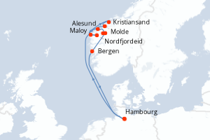Carte itinéraire croisière - 10 jours au départ de Hambourg - Europe du Nord