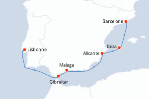 Carte itinéraire croisière - 7 jours au départ de Lisbonne - Méditerranée