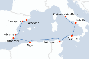 Carte itinéraire croisière - 9 jours au départ de Civitavecchia - Rome - Méditerranée