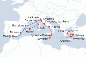 Carte itinéraire croisière  - 20 jours au départ de Civitavecchia - Rome - Méditerranée