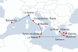 Carte itinéraire croisière  - 11 jours au départ de Barcelone - Méditerranée