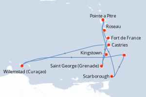 Carte itinéraire croisière - 12 jours au départ de Pointe a Pitre - Caraïbes Bahamas