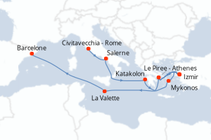 Carte itinéraire croisière - 10 jours au départ de Civitavecchia - Rome - Méditerranée