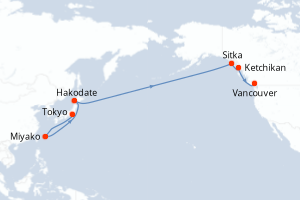 Carte itinéraire croisière - 16 jours au départ de Tokyo - Alaska