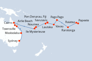 Carte itinéraire croisière  - 26 jours au départ de Papeete - Australie Nouvelle Zélande