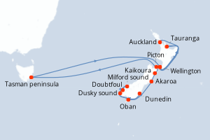 Carte itinéraire croisière - 13 jours au départ de Dunedin - Australie Nouvelle Zélande