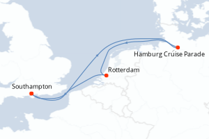 Carte itinéraire croisière  - 5 jours au départ de Southampton - Europe du Nord