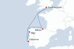Carte itinéraire croisière - 7 jours au départ de Southampton - Europe du Nord