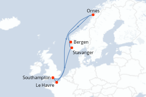 Carte itinéraire croisière - 7 jours au départ de Southampton - Europe du Nord