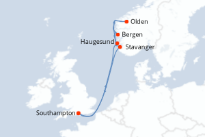 Carte itinéraire croisière - 7 jours au départ de Southampton - Europe du Nord
