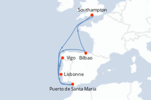 Carte itinéraire croisière  - 8 jours au départ de Southampton - Europe du Nord