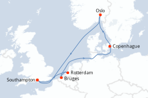 Carte itinéraire croisière - 8 jours au départ de Southampton - Europe du Nord
