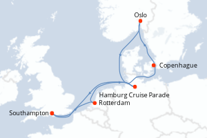 Carte itinéraire croisière  - 8 jours au départ de Southampton - Europe du Nord