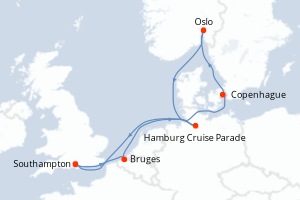 Carte itinéraire croisière - 8 jours au départ de Southampton - Europe du Nord