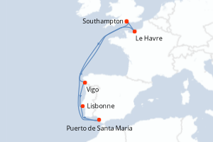 Carte itinéraire croisière - 8 jours au départ de Southampton - Europe du Nord