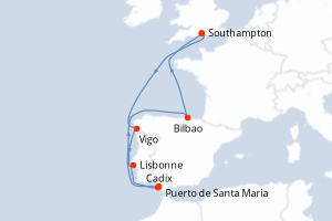 Carte itinéraire croisière - 9 jours au départ de Southampton - Europe du Nord
