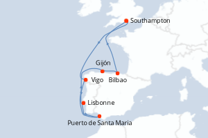Carte itinéraire croisière - 9 jours au départ de Southampton - Europe du Nord