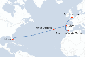 Carte itinéraire croisière - 12 jours au départ de Southampton - Transatlantique