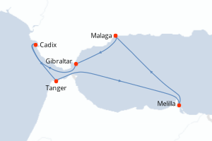 Carte itinéraire croisière - 5 jours au départ de Malaga - Méditerranée