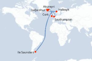 Carte itinéraire croisière - 12 jours au départ de Cork - Europe du Nord
