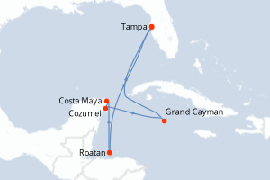 Carte itinéraire croisière - 8 jours au départ de Tampa - Caraïbes Mexique