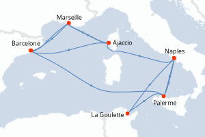 Carte itinéraire croisière - 8 jours au départ de Barcelone - Méditerranée
