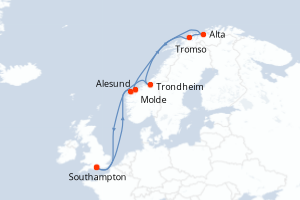 Carte itinéraire croisière - 14 jours au départ de Southampton - Europe du Nord