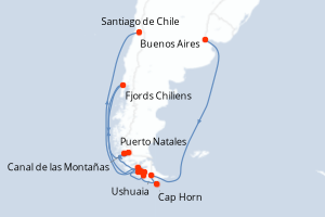 Carte itinéraire croisière - 14 jours au départ de Buenos Aires - Amérique du Sud