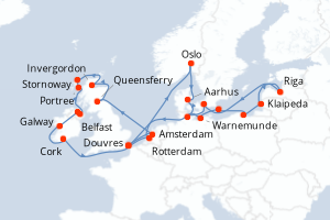 Carte itinéraire croisière - 28 jours au départ de Douvres - Europe du Nord