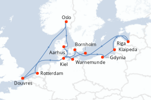 Carte itinéraire croisière - 14 jours au départ de Douvres - Europe du Nord