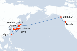 Carte itinéraire croisière - 27 jours au départ de Seattle - Asie