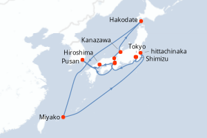 Carte itinéraire croisière - 14 jours au départ de Tokyo - Asie