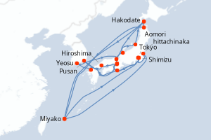 Carte itinéraire croisière - 28 jours au départ de Tokyo - Asie