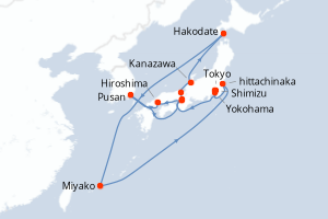 Carte itinéraire croisière - 14 jours au départ de Yokohama - Asie