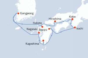 Carte itinéraire croisière - 9 jours au départ de Kobe - Asie