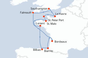 Carte itinéraire croisière - 12 jours au départ de Southampton - Europe du Nord