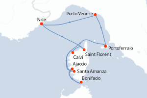Carte itinéraire croisière - 9 jours au départ de Nice - Méditerranée