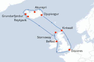 Carte itinéraire croisière - 12 jours au départ de Douvres - Europe du Nord