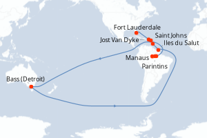 Carte itinéraire croisière - 13 jours au départ de Manaus - Caraïbes Bahamas
