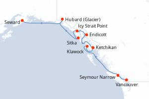 Carte itinéraire croisière - 8 jours au départ de Vancouver - Alaska