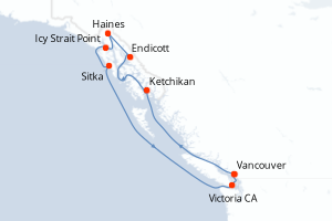 Carte itinéraire croisière - 9 jours au départ de Vancouver - Alaska