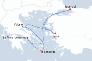 Carte itinéraire croisière - 6 jours au départ de Le Piree - Athenes - Méditerranée