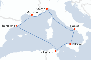 Carte itinéraire croisière - 7 jours au départ de Marseille - Méditerranée