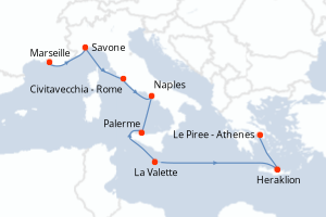 Carte itinéraire croisière - 8 jours au départ de Marseille - Méditerranée
